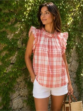 ISABELLA SINCLAIR Pink Plaid Semi-Sheet Chiffon Ruffle Neck Blouse, S